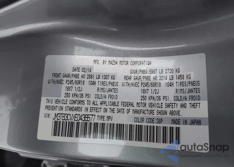 2014 Mazda Cx-9 Touring из США, поврежденный, VIN JM3TB3CVXE0436577